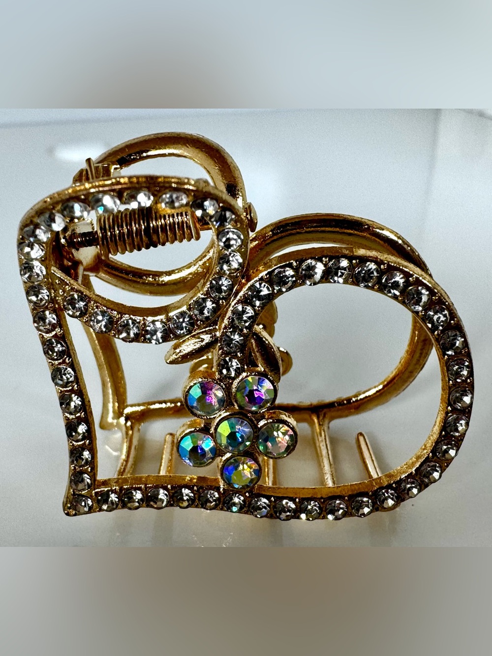 Gold-Tone Heart Shaped Floral Crystal Hair Clip - Iridescent Accent #1204